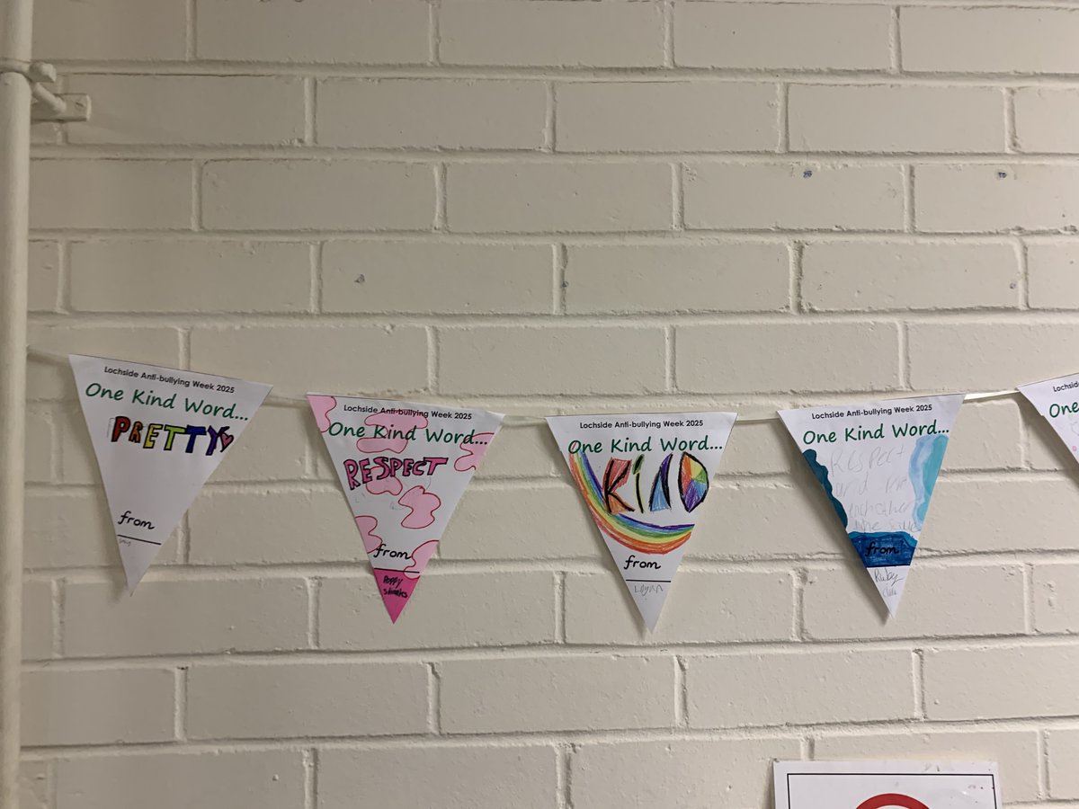 LochsidePS's tweet photo. @_respectme_   Anti-Bullying Week 2025.  Our One Kind Word bunting hangs proudly in our corridors for everyone to see, and hopefully make them smile. From P3-7, every learner created a flag; a Lochside learner is an effective contributor. @LochsidePS https://t.co/0ccJ3ry2f1