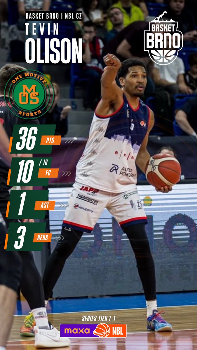 OneMotiveSports's tweet photo. Tevin Olison went OFF yesterday in Game 2 of the Czech Republic NBL Playoffs!

The fourth year pro out of Youngstown State @YSUMensHoops went for a new pro career high of 36 points on an unreal 8/10 shooting from 3 (!!) as his Basket Brno team lost a tough one to Decin 98-89 to tie the series at 1-1.

Amazing start to the series for Tevin! #OMS #TevinOlison