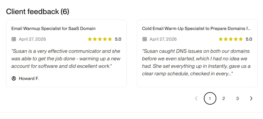 suezannn's tweet photo. Two 5-star reviews. One day. All cold email.
The infrastructure doesn't lie.🥰

#upwork #coldemail #coldemailoutreach #emailwarmup #instantlyai https://t.co/WhD4GH6Tgk