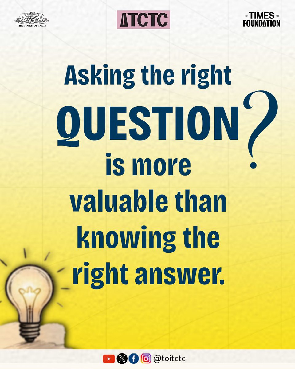 TOITCTC's tweet photo. Answers get you grades. Questions get you further. Agree or disagree? One line in the comments. 👇🧠 

#TCTC #CriticalThinking #TimesFoundation #ThinkDeeper #AskBetter https://t.co/gXHDLE0rGO