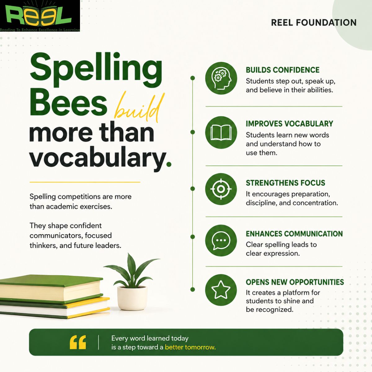 REELfoundation's tweet image. Spelling competitions are more than academic exercises.

They develop confidence, improve communication skills, strengthen focus, and encourage critical thinking.

The impact extends far beyond the competition stage.

#REELFoundation #EducationForAll  #REELCLIP