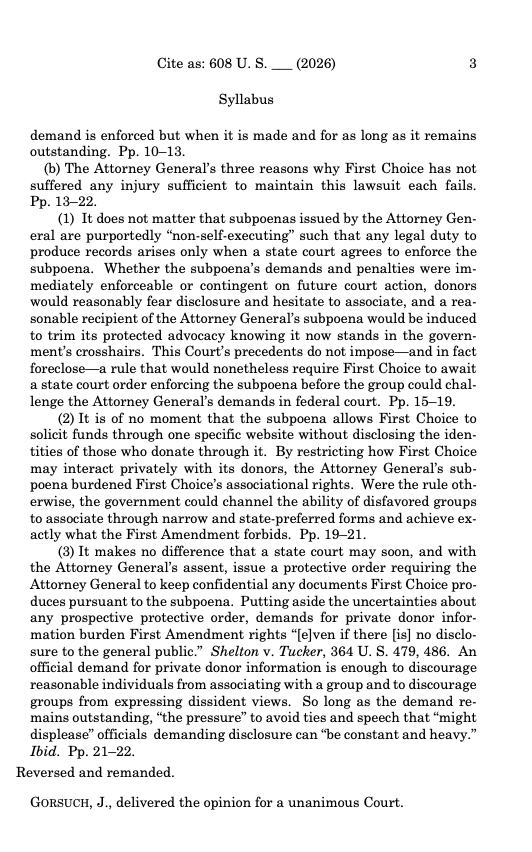 Tyler2ONeil's tweet photo. 🚨UNANIMOUS

Supreme Court rightly upholds First Choice Women's Resource Centers' right to protect the privacy of its donors.

NJ AG Matthew Platkin can't even get a Ketanji Brown Jackson dissent, his attack on the pregnancy center was so egregious. https://t.co/TAt6Cr3FsV
