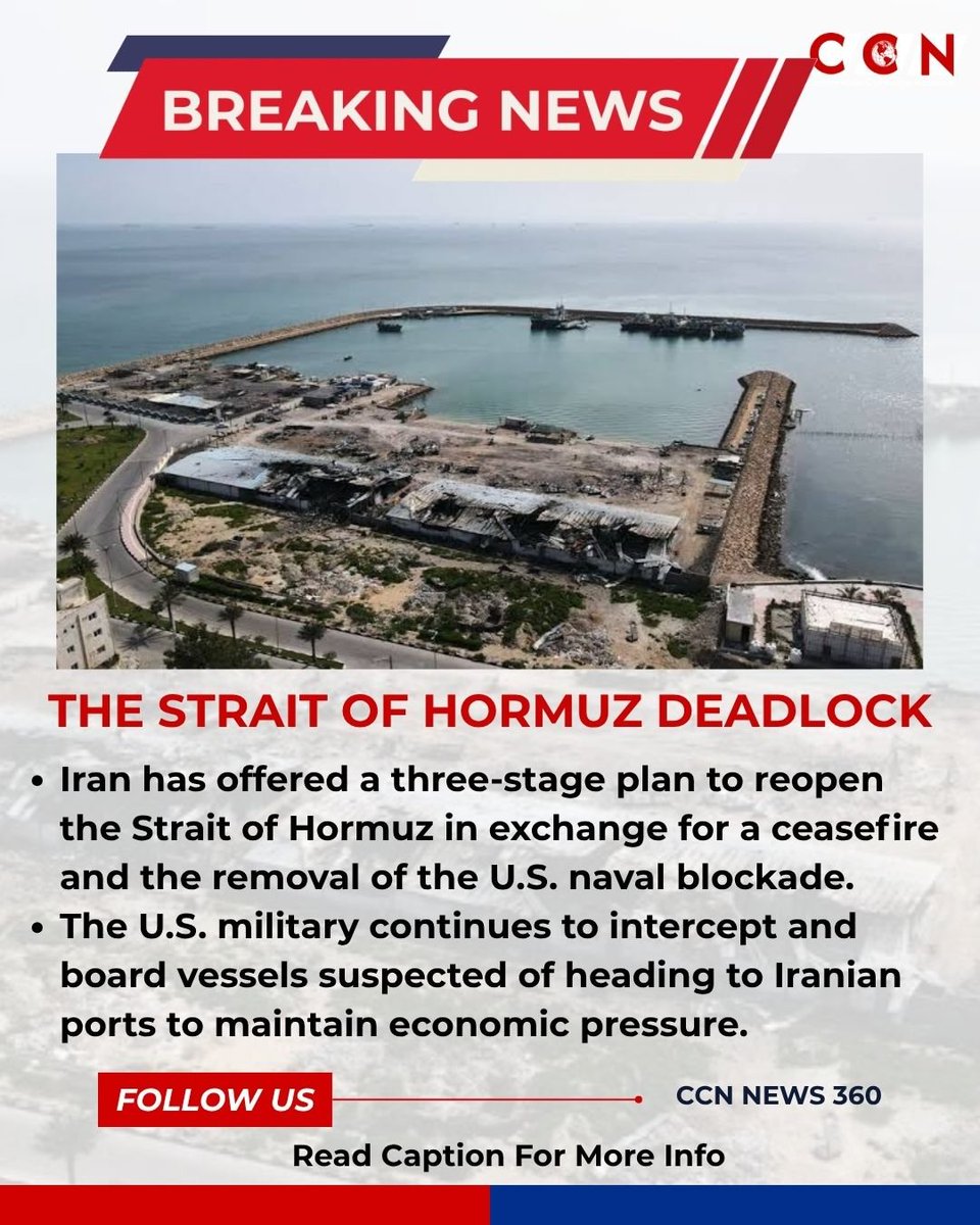 CCNNews360's tweet image. Iran submits a three-stage proposal to reopen the Strait of Hormuz. Tehran offers to end military operations in exchange for a total ceasefire and the removal of the U.S. naval blockade. 🚢🇮🇷 #Hormuz #Iran #BreakingNews #OilPrices