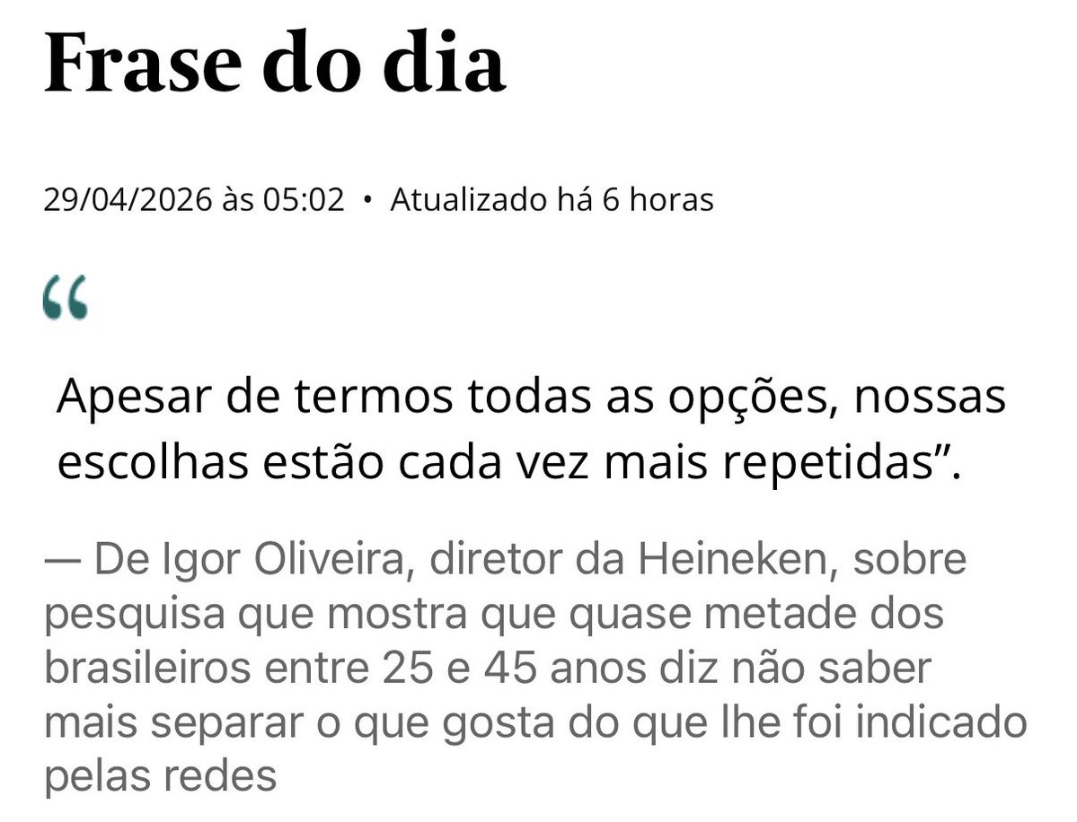 Na minha leitura, temos acesso a um mundo inteiro de conteúdos, produtos e experiências, mas acabamos consumindo e curtindo cada vez mais as mesmas coisas.

Para refletir: Você ainda sabe o que realmente te move ou tá só seguindo o que o algoritmo empurra?