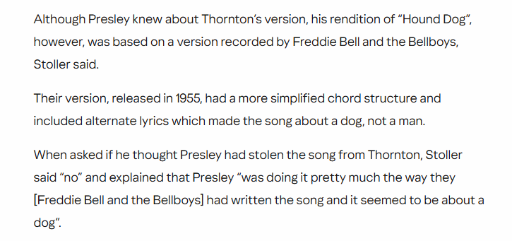 APanther369's tweet photo. He didn't "steal" Hound Dog either. He just used a modified version from another band (the original songwriters Leiber and Stoller hated the changes). https://t.co/ZchCejPL4B
