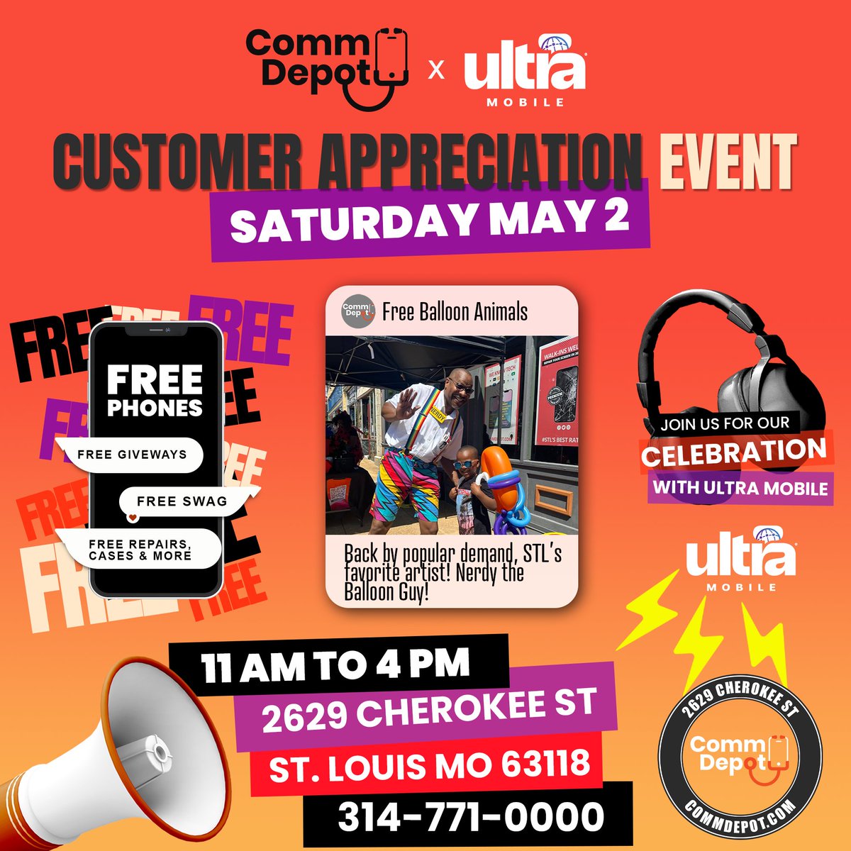 commdepotstl's tweet photo. We're giving away phones, repairs &amp; more this Saturday 📱🎉  CommDepot x @UltraMobile | Cinco de Mayo Block Party 📍 Cherokee St, STL | May 2nd  ✔ Phone giveaways ✔ Free repairs ✔ Swag, frisbees &amp; 👓 ✔ 2026 Phone Holders  Nerdy the Balloon Guy will be there for the kids too. https://t.co/VyzmAgeJqK