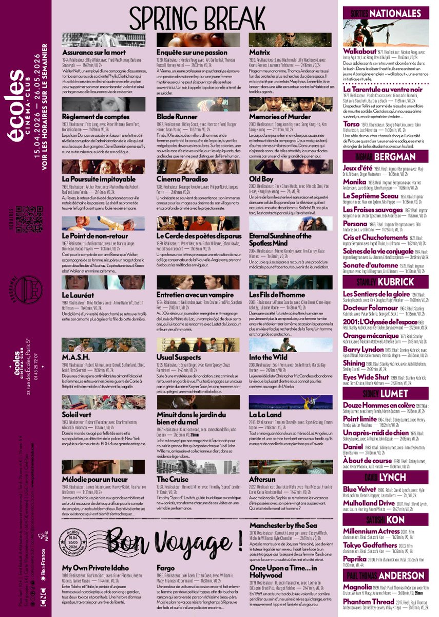 ParisCinemaClub's tweet image. 🌸 Profitez de notre programmation printanière pour les vacances !

En plus du cycle #SpringBreak, découvrez aussi des focus #IngmarBergman, #SidneyLumet, #BriandePalma ou encore #WongKarWai. 

Hop, les horaires de la semaine ⤵️
pariscinemaclub.com