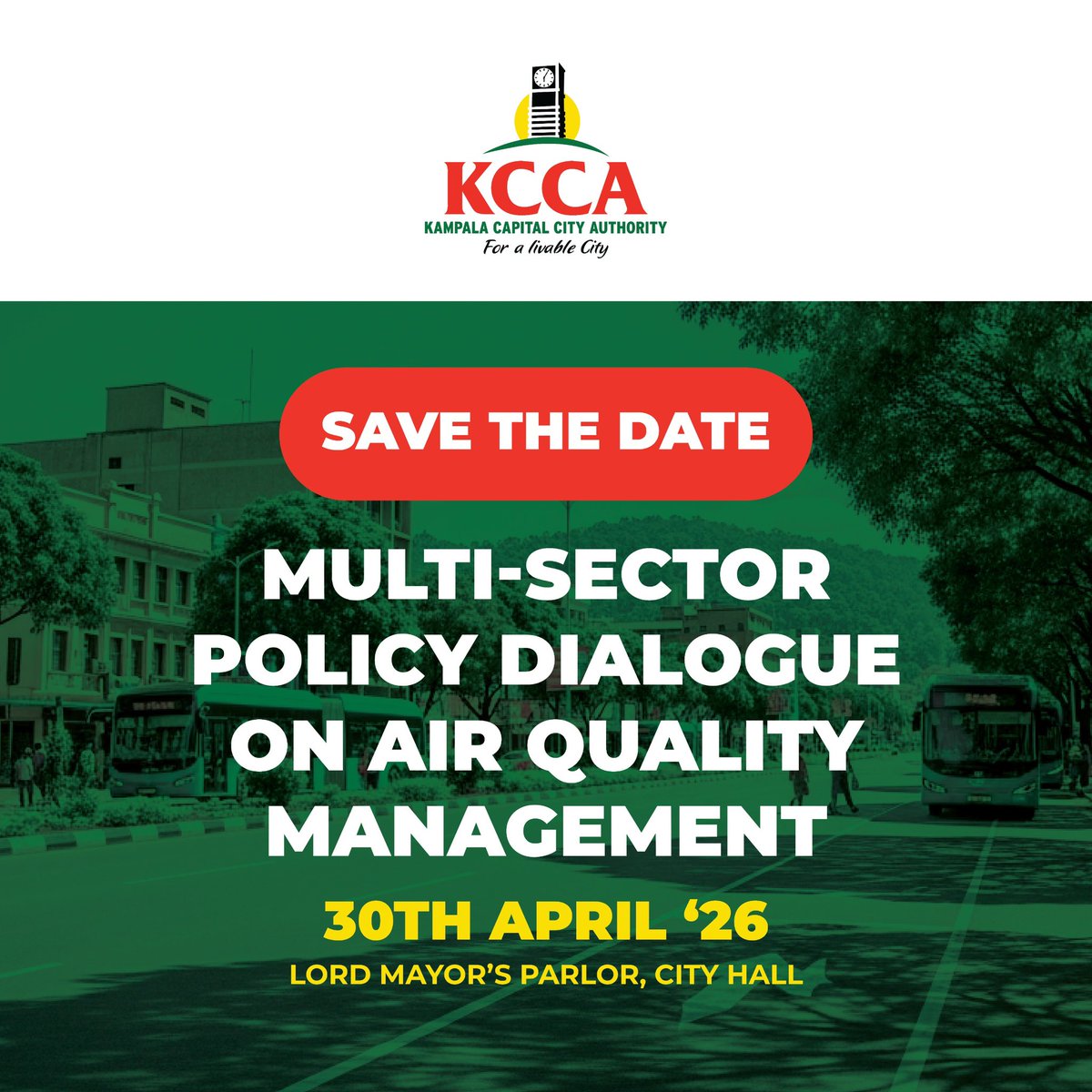 Kampala is taking a step toward a healthier and more sustainable future through the Multi-Sector Policy Dialogue on Air Quality Management.

Together, we can build a city where every breath feels safer. 

📍 Lord Mayor’s Parlor, City Hall
📅 30th April 2026
<a href="/KCCAUG/">Kampala Capital City Authority (KCCA)</a>