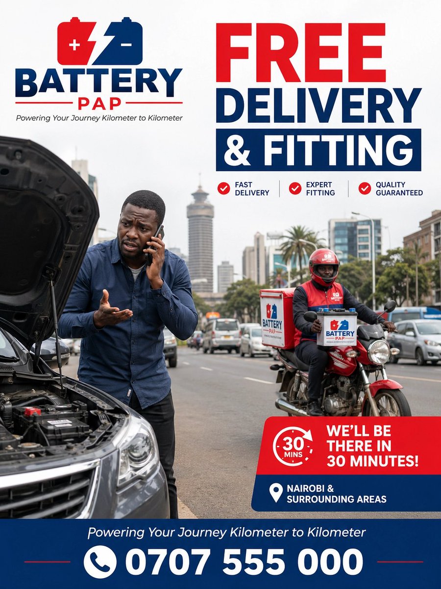 batterypap's tweet image. Dead battery got you stuck in Nairobi? 😩 No stress! @BatteryPAP offers FREE DELIVERY &amp;amp; PROFESSIONAL FITTING right to your location. Get back on the road, fast! ⚡️ Call 0707 555 000. 
#BatteryPAP #Nairobi #FreeDelivery #CarBattery #RoadsideAssistance