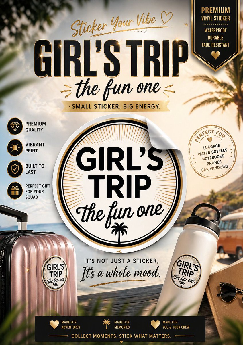 dami_store's tweet image. Girl’s Trip The Fun One - Retro Travel Badge Sticker.
Elevate your travel gear with this premium "Girl’s Trip sticker! Featuring a stylish circular badge design with a tropical palm tree and elegant typography.
#sticker #stickers #girlstrip 
MY PINTEREST ❤️  damistore1