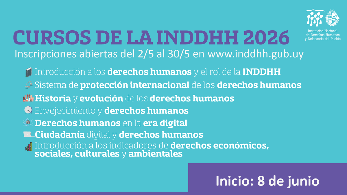 inddhhuy's tweet image. Están abiertas las inscripciones para los cursos de #derechoshumanos que brinda la @inddhhuy 

➡ cursos a distancia 
😊 sin costo
🎓 se entrega certificado

Inicio: 8 de junio

Más info en: bit.ly/3kDkhyN
Inscripciones hasta el 30/5: bit.ly/3R6Zfs1