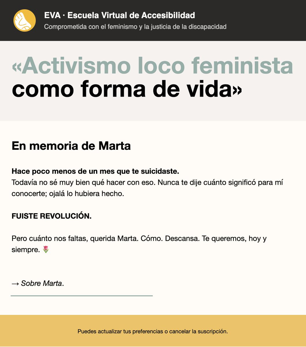 acciumred_media's tweet photo. «Activismo loco feminista como forma de vida»

En memoria de Marta Plaza
Hace poco menos de un mes que te suicidaste.
Todavía no sé muy bien qué hacer con eso. Nunca te dije cuánto significó para mí conocerte; ojalá lo hubiera hecho.

FUISTE REVOLUCIÓN.

Pero cuánto nos faltas, querida Marta. Cómo. Descansa. Te queremos, hoy y siempre. 🌷

→ Sobre Marta. https://t.co/QbEogAgoxH