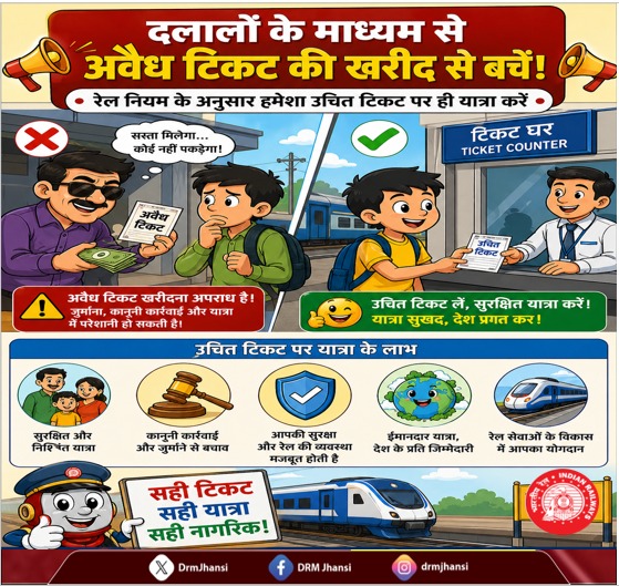 DrmJhansi's tweet image. 🚫 दलालों से दूरी ही समझदारी!
उचित टिकट लें, सुरक्षित और निश्चिंत यात्रा करें।
ईमानदार यात्री बनें, देश के विकास में अपना योगदान दें।#IndianRailways #SafeJourney #SayNoToAgents #TravelSmart #RailSafety #HonestTravel #DigitalIndia #RailAwareness