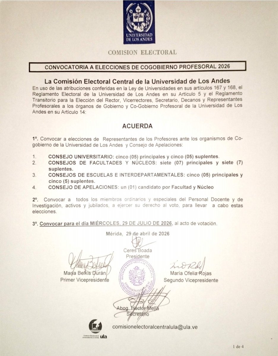 leoperiodista's tweet image. #29abr...Comisión  Electoral Central de la #ULA presentó cronograma y convoca a elecciones  de Cogobierno Profesoral y Consejo de Apelaciones para el 29 de Julio del 2026