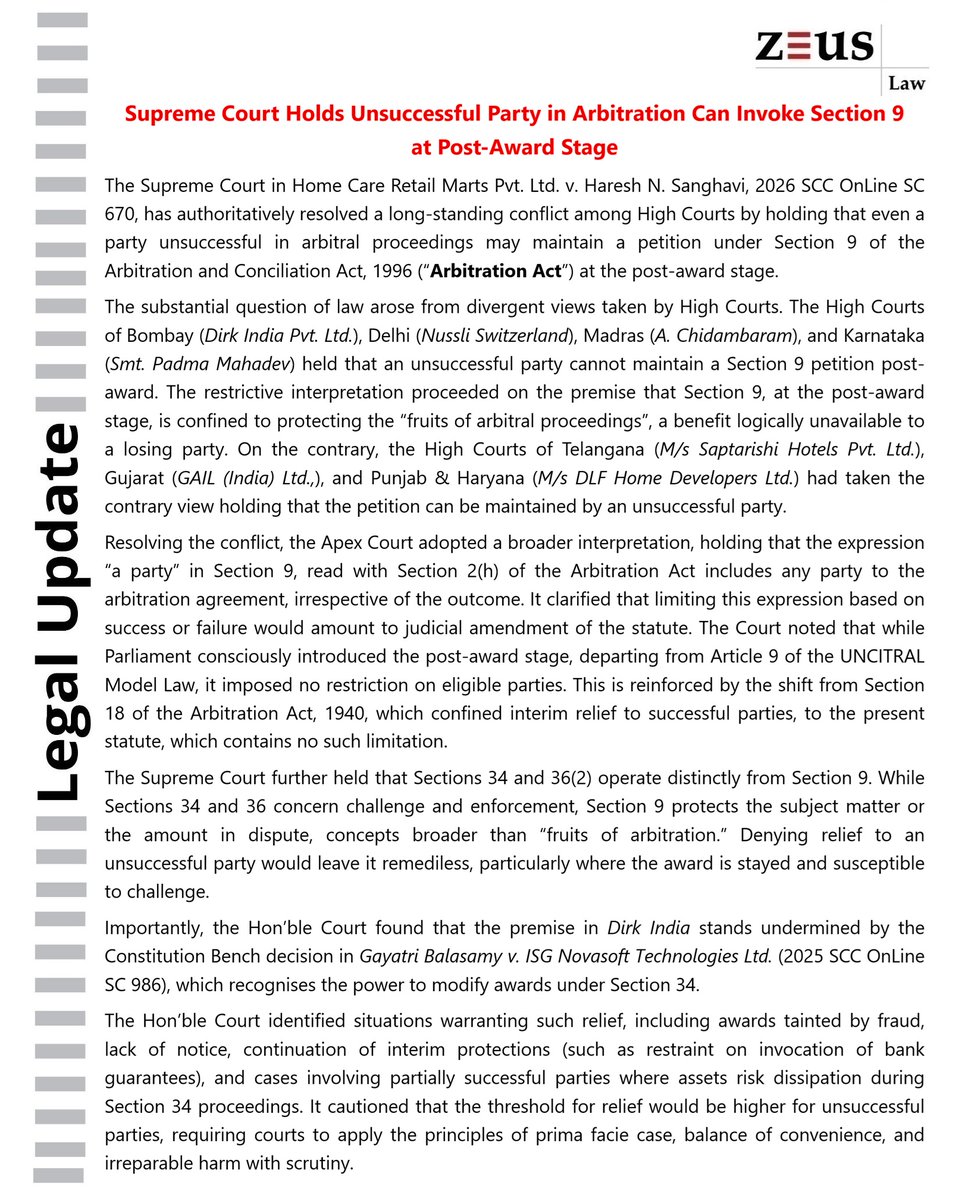 Legal Update: Supreme Court clarifies: even an unsuccessful party may seek post-award interim relief under Section 9, ensuring no party is left remediless.
#LegalUpdate #SupremeCourt #ArbitrationLaw #Section9 #InterimRelief #AccessToJustice #DisputeResolution #ArbitrationIndia