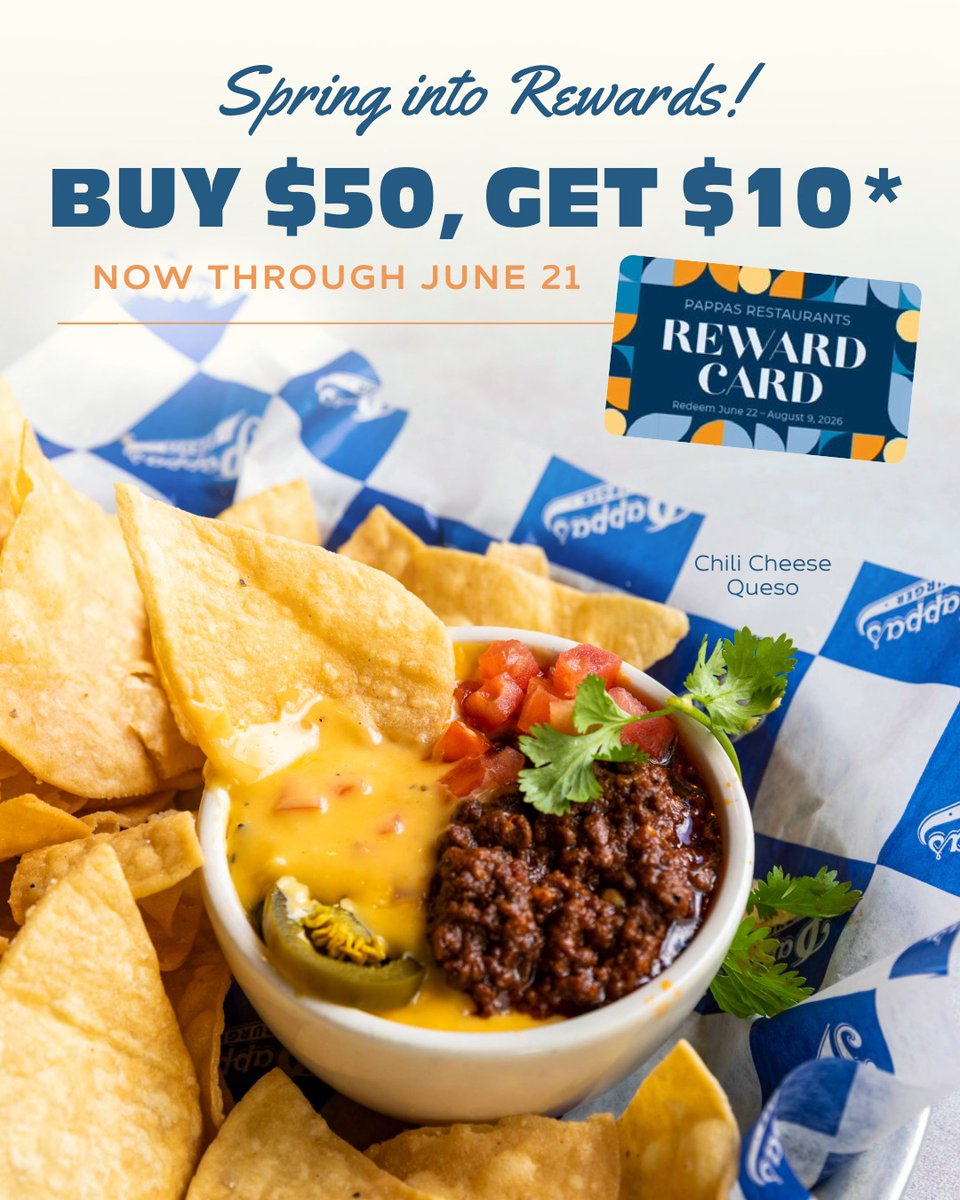 PappasBurger's tweet photo. Get a $10 reward card for every $50 in Pappas gift cards purchased through June 21.

Send this to a friend to let them know y’alls next burger run is on them. 🤭 Gift cards are available in-store or online at https://t.co/vqkx1KlwzW.

*Terms and conditions apply. https://t.co/9OUD42XaXK