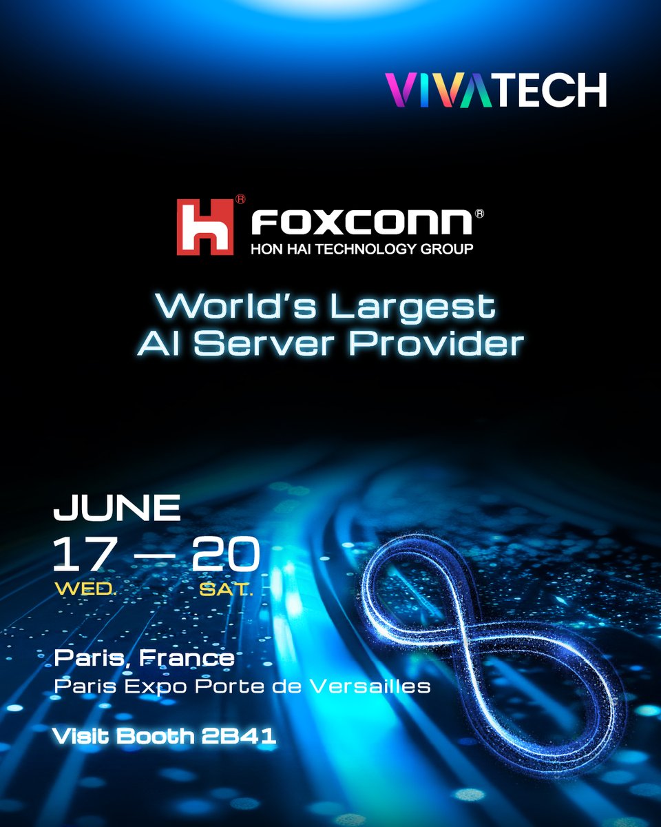 HonHai_Foxconn's tweet photo. This year, we are heading to Paris to take part in VivaTech2026. At our booth, we will showcase our latest AI Server rack, electric vehicles, and robotics technologies, highlighting Foxconn’s capabilities in smart manufacturing and future tech. https://t.co/t3832IVN36