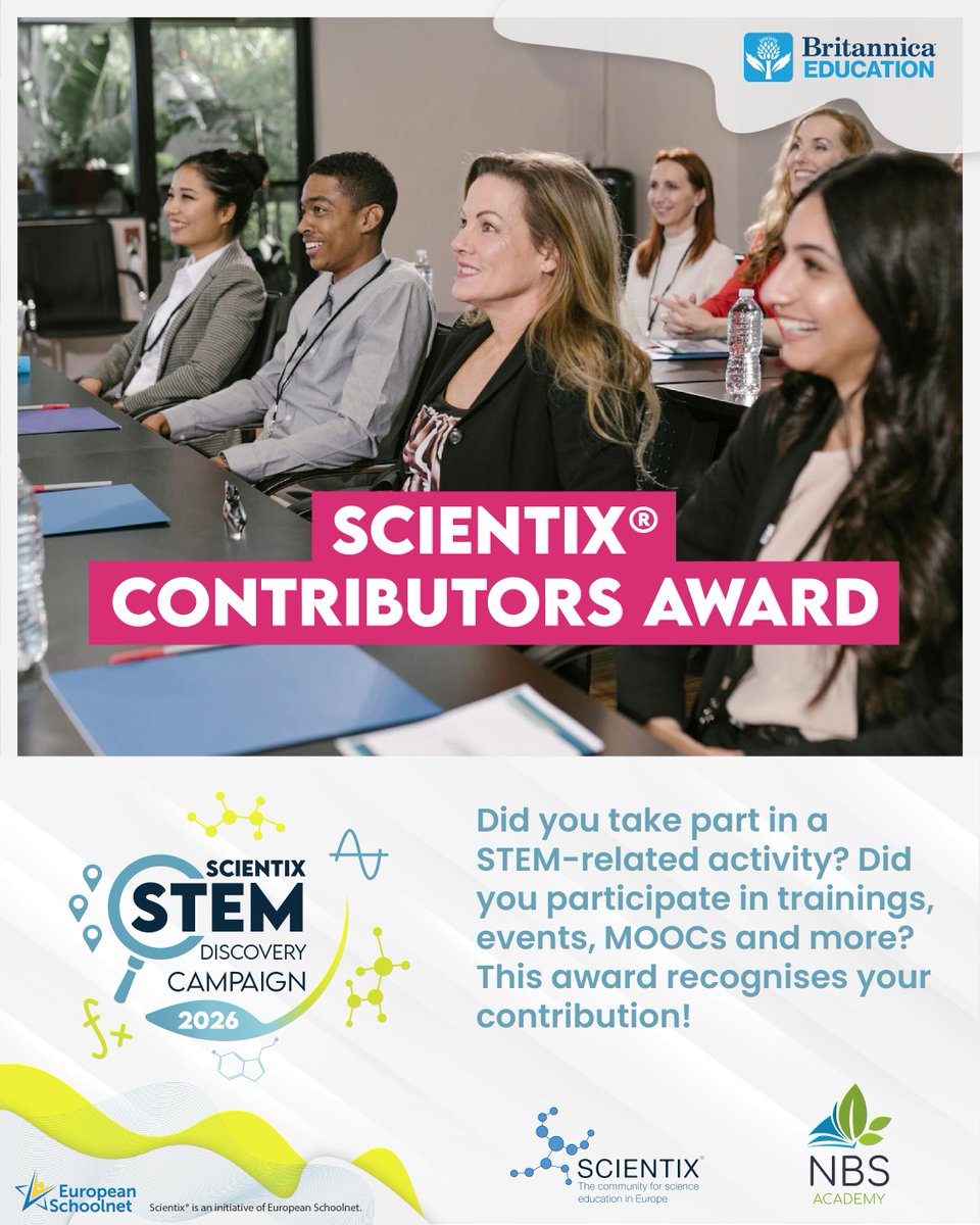 scientix_eu's tweet photo. Have you engaged in #STEM through trainings, events, MOOCs and more? 🤩  
🔥 You could get a chance to attend a workshop in Brussels with the #Scientix Contributors Award!🚀 🇧🇪
👏  Supported by @Britannica_EMEA, co-organised with @nbs_academy &amp; Scientix
👉 https://t.co/42D7Ajybmb https://t.co/IWZTz9vNxz