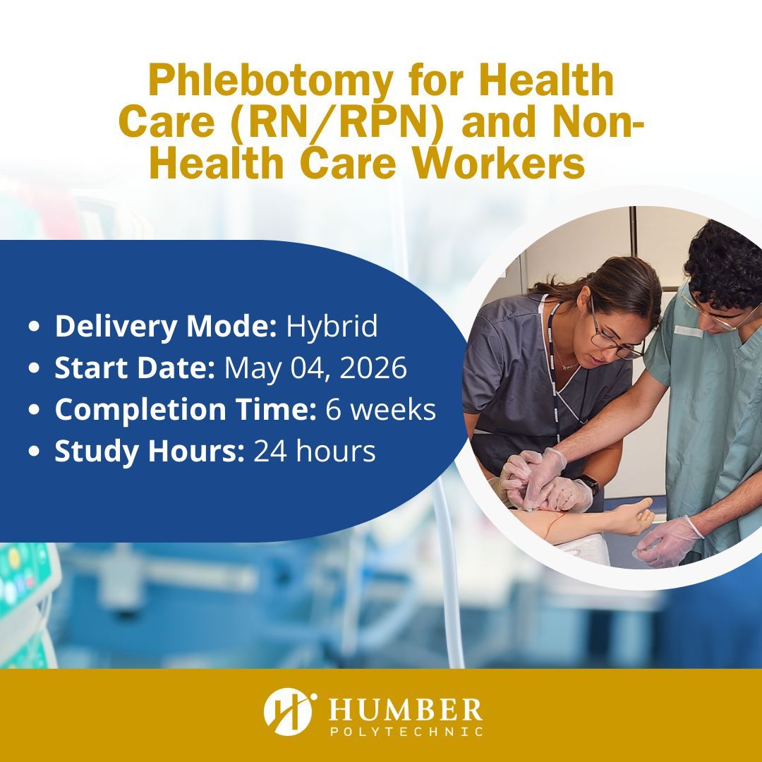 HumberCPL's tweet photo. In May we celebrate nurses and all they do! 

Start May 4th and learn the skilled practice of Phlebotomy. This 6-week is for RNs, RPNs and non-healthcare workers, and delivered online with one mandatory on-site lab session.

Start next week: https://t.co/En4yXnqBIj https://t.co/ObHdyqfiAo
