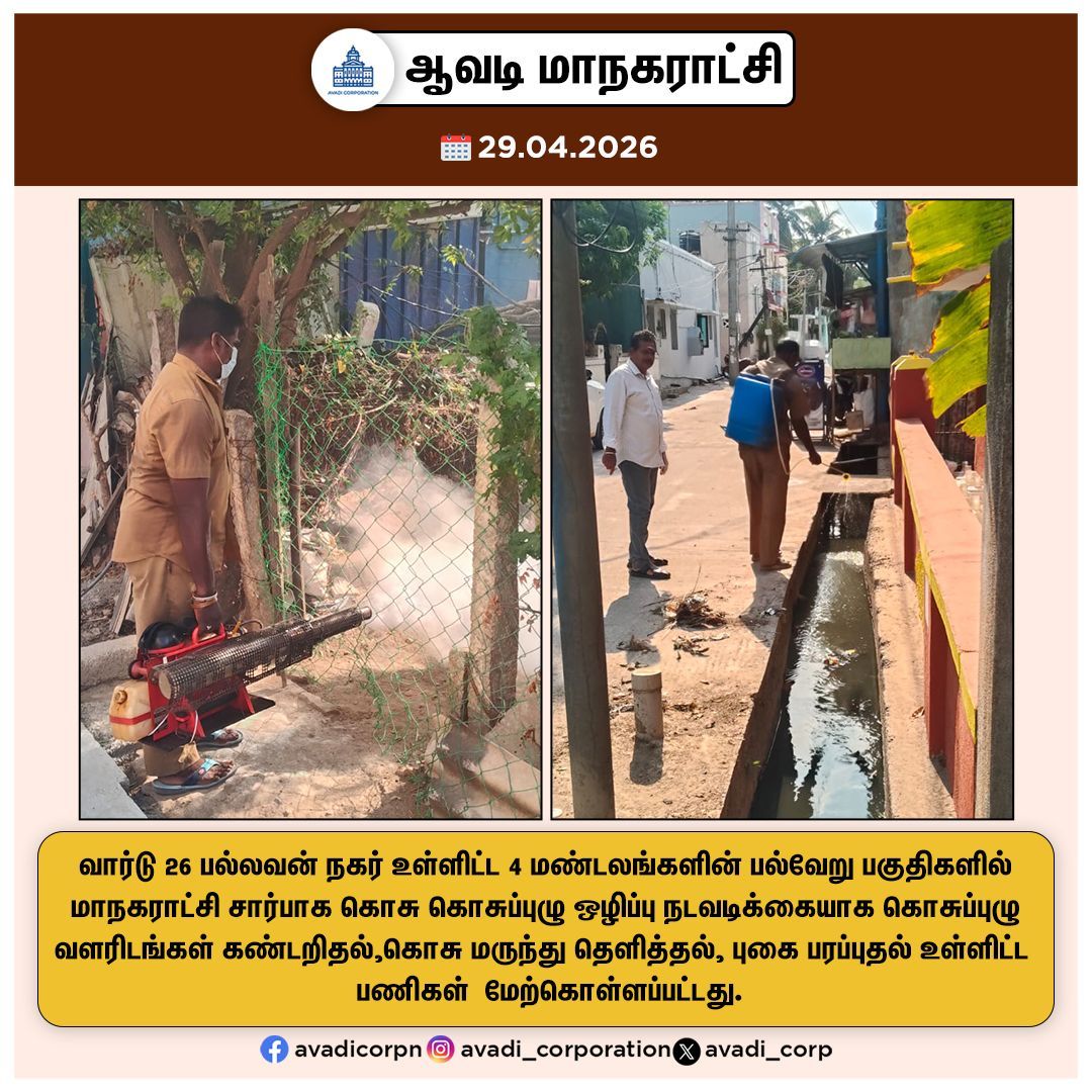 Avadi_Corp's tweet image. மாநகராட்சி சார்பாக கொசு கொசுப்புழு ஒழிப்பு நடவடிக்கையாக கொசுப்புழு வளரிடங்கள் கண்டறிதல், கொசு மருந்து தெளித்தல், புகை பரப்புதல் உள்ளிட்ட பணிகள் மேற்கொள்ளப்பட்டது.

#HealthWorkers #Dengue  #Source  #Mosquito #Prevention #Fogging #Activities @TNDPHPM @SwachhBharatGov  #AvadiCorp
