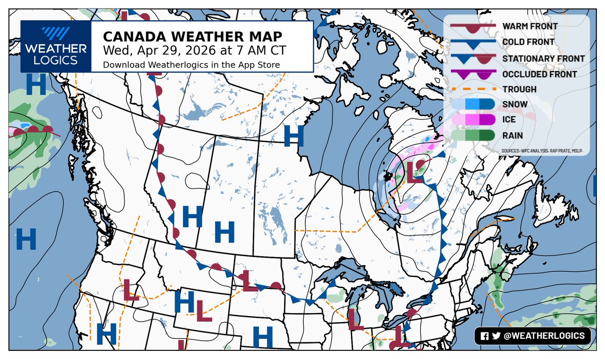 weatherlogics's tweet image. Canada weather map - Wednesday, April 29, 2026

#bcwx #abwx #skwx #mbwx #onwx #meteoqc #nbwx #nswx #pewx #nlwx