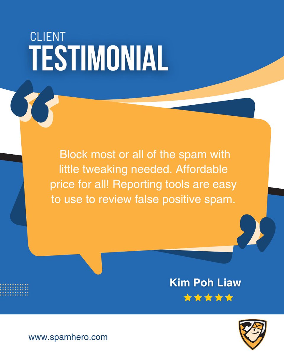 SpamHero's tweet photo. Powerful filtering. 

Minimal setup. 

Full visibility.

That’s email protection made simple and effective.

👉 Start your free trial today: https://t.co/YosqJwyYJS

#spamhero #testimonial #spamfiltering #emailsecurity #cybersecurity https://t.co/NdY84sqJYQ