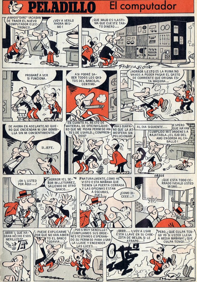 jvoltra's tweet photo. La introducción de la informática en la banca, vista desde la editorial Bruguera (Tío Vivo nº 593, 17 de julio de 1972. Historieta de Pineda y Bono) https://t.co/LbJZlJi9CU