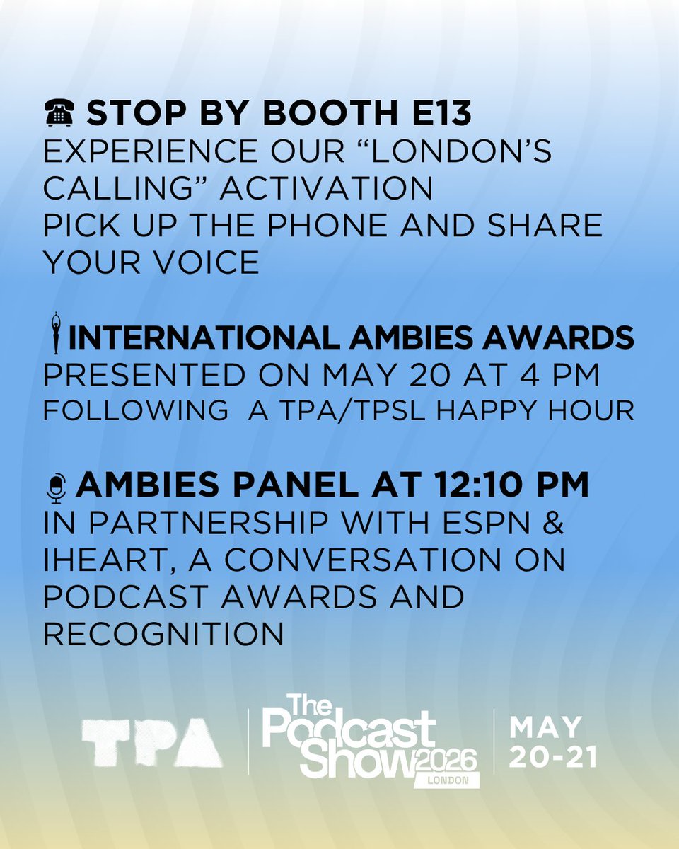 podcastacademy's tweet photo. We’re heading to London 🇬🇧

Join The Podcast Academy at The Podcast Show London for two days of connection, conversation, and celebration.

Plus—TPA members, we have three free passes available 🎟️
Email info@thepodcastacademy.com for details. https://t.co/ND3Ch7MIe8