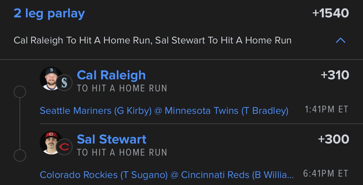 Venz_BullyBets's tweet photo. MLB Bet 4/29/26 💰
Wednesday Home Run Parlay ⚾️

2 Leg HR Parlay (+1540)💰💣💥
- Cal Raleigh 🔱
- Sal Stewart 🥸

BOMBS AWAY 🤑💣💥⚾️
FOLLOW ‼️ https://t.co/3bTRz8SBOi