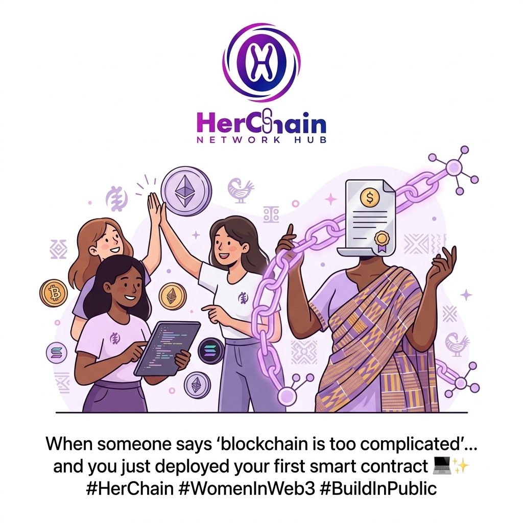 herchain's tweet photo. They said it was too complicated. We said: yarn deploy. ⚡️

Deploying your first smart contract is about more than just code it’s about the confidence to own the future. Breaking down barriers one block at a time. 🧱⛓️

#HerChain #WomenInWeb3 #BuildInPublic #Solidity https://t.co/Mczl5JQBHh