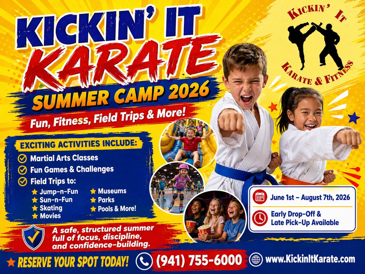 Kickinit_Karate's tweet photo. A summer they’ll love. Skills they’ll keep. 🥋 Kickin’ It Karate Summer Camp 2026 brings fun, fitness, discipline, field trips, and confidence-building all summer long! Register today: https://t.co/F01GcOSpbn https://t.co/ofdBATWRPz