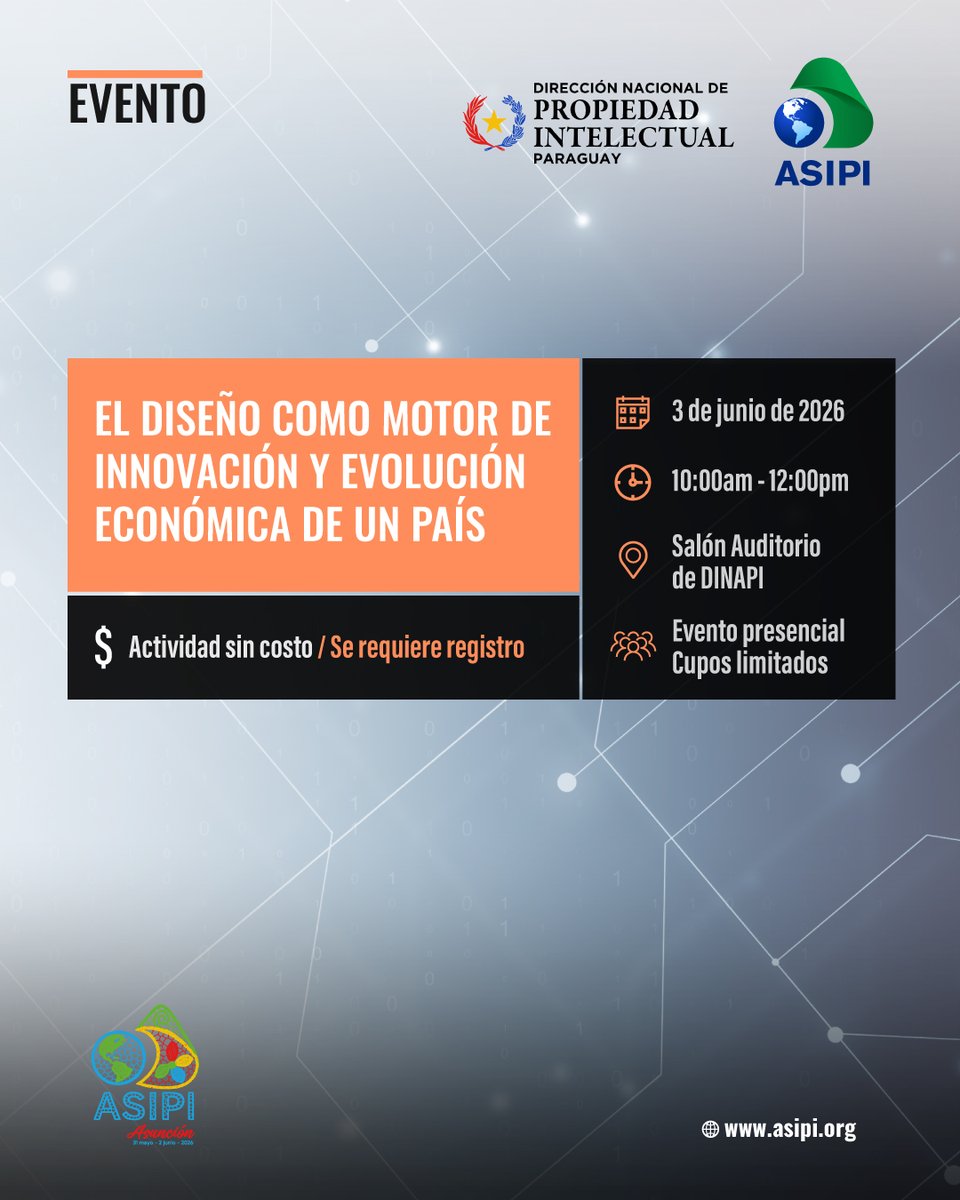ASIPI_'s tweet photo. 📍 Asegura tu lugar en el Seminario de Diseño Industrial en Asunción
Junto a @dinapipy , te invitamos a este encuentro presencial para profundizar en el diseño como motor de innovación y pieza clave en la evolución de las industrias actuales. 🎨⚖️ https://t.co/wEq1ZXZCbW