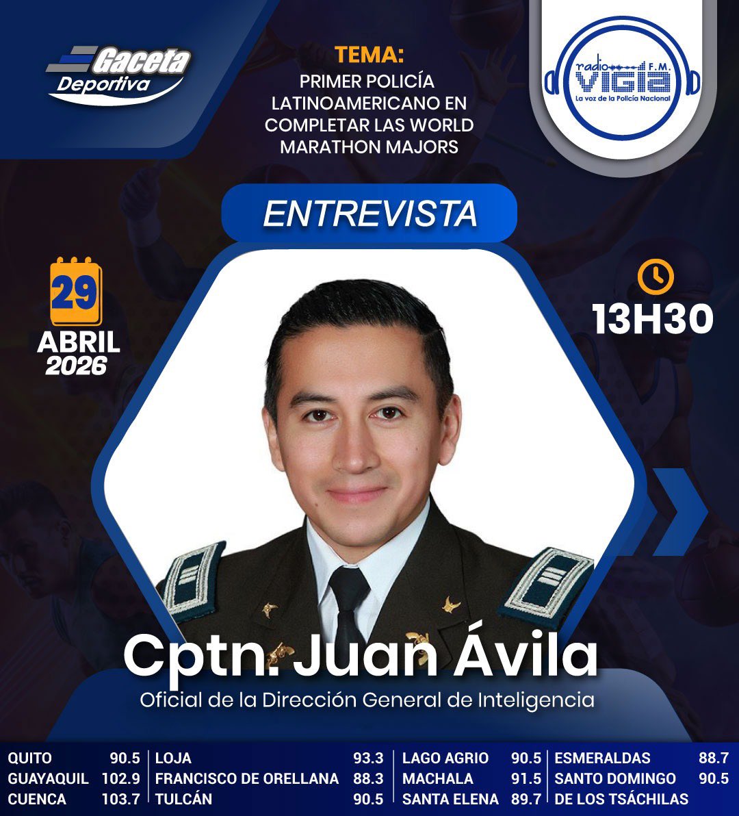 radio_vigia's tweet photo. 🏃‍♂️🌍 ¡HISTORIA, DISCIPLINA Y ORGULLO LATINOAMERICANO! 💪🇪🇨

Hoy en Gaceta Deportiva tendremos un invitado que rompe límites y deja huella: el Cptn. Juan Ávila, Oficial de la Dirección General de Inteligencia, quien ha logrado una hazaña extraordinaria 🏅

#PolicíaEcuador https://t.co/yV6aUWnmUp