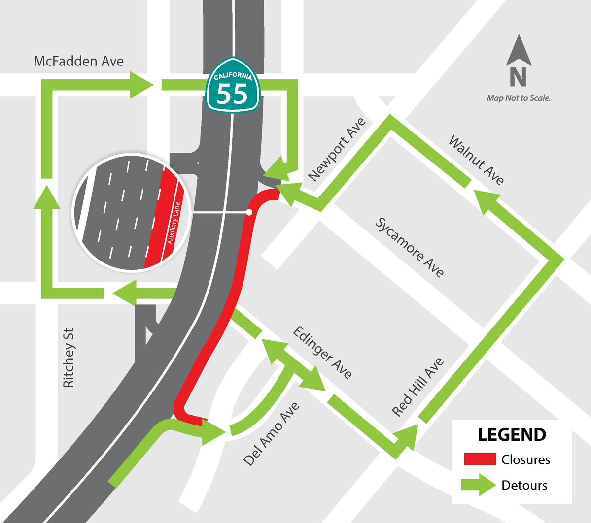 Crews are expected to perform a deck pour at the railroad bridge, which will require closing the northbound McFadden Avenue off-ramp, Edinger Avenue on-ramp, and two outside lanes on northbound SR-55 between these ramps from 9 p.m., Monday, May 4 to 5 a.m., Tuesday, May 5.