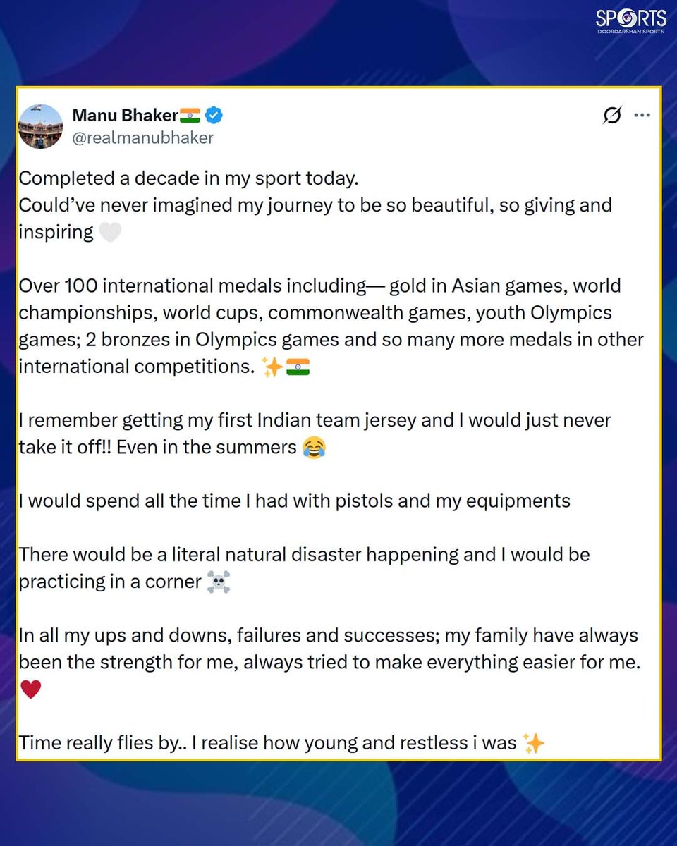 ddsportschannel's tweet image. Manu Bhaker marks 10 years in the shooting!

From her first India jersey to winning 100+ international medals — including Olympic bronze, Asian Games &amp;amp; Commonwealth Games gold — it’s been a journey full of big moments.

A decade down, still aiming higher👏🏻

#ManuBhaker #Shooting