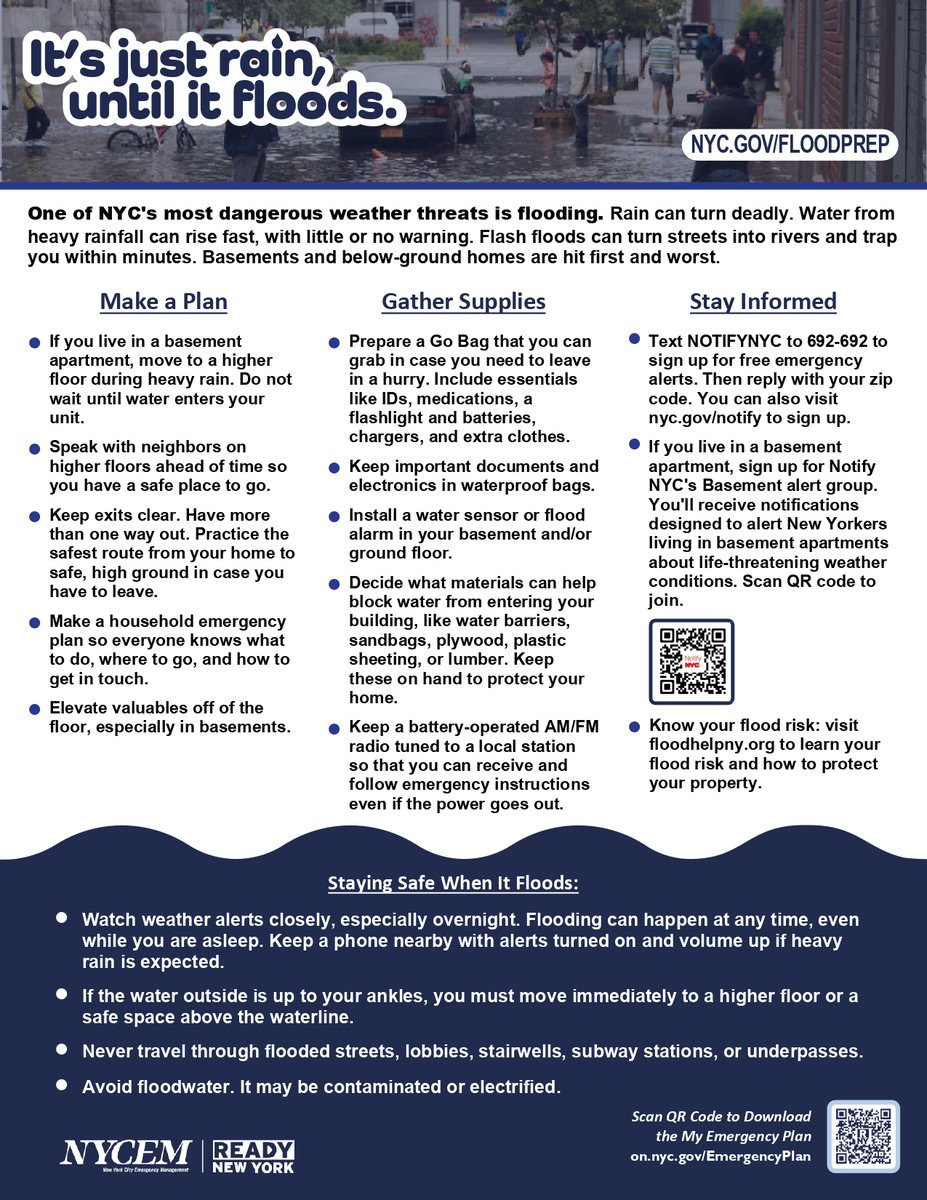 Apnaservicesinc's tweet photo. Flooding happens fast. Be READY before it comes. Have your plan set:
1. Make a plan
2. Pack a go bag with essentials 
3. Sign up for @NotifyNYC
at https://t.co/opKHVT79TX or text NotifyNYC to 692-692 or for Spanish alerts envía NOTIFYNYCESP al 692-692.@nycemergencymgt
#NotifyNYC https://t.co/tPpsj9SOae