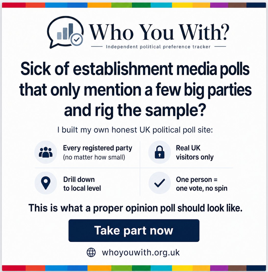 I’m fed up with polls that name the same few parties, bury the rest under “Other”, then act like they speak for everyone.

So I built Who You With?

Every registered party listed.
One verified user, one current entry.
Change your answer any time.
Aggregate results only.