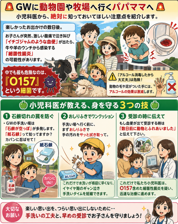AoringoDr's tweet photo. 🚨GWに動物園や牧場へ行くパパママへ🚨 

小児科医から、絶対に知っておいてほしい注意点を紹介します。

楽しかったお出かけの数日後。 
お子さんが突然、激しい腹痛を訴え「真っ赤な血便」が出たら、牛や羊のウンチから感染する「細菌性腸炎」の可能性があります。

中でも最も危険なのは、『O157』という細菌です。

「アルコール消毒したから大丈夫」は危険！動物の毛や泥がついた手には、アルコールの効果は激減します。

🍏小児科医が教える、身を守るために🍏

①おしりふきでワンクッション 
手洗い場へ行く前に、まずおしりふきで手の汚れをサッと拭き取って。これだけで水洗いが格段に早くなり、イヤイヤ期のギャン泣き手洗いタイムを短縮できます。

②受診の時に伝えて
 もし血便が出て受診する時は「数日前に動物とふれあいました」と伝えて下さい。
これだけで、O157含めた細菌性腸炎を疑い、迅速な治療に進めます。

「まだ遊びたい！」と暴れる子どもの手を洗わせるのは本当に戦場ですよね。服が水浸しになっても、手を洗わせようと奮闘するパパママは本当に立派です。それこそが最大の愛情ですよ。

しっかり手を洗って、最高のGWの思い出を作ってくださいね！この情報が必要な方に届くよう、拡散（RP）してもらえると嬉しいです。

#小児科医りんごメモ