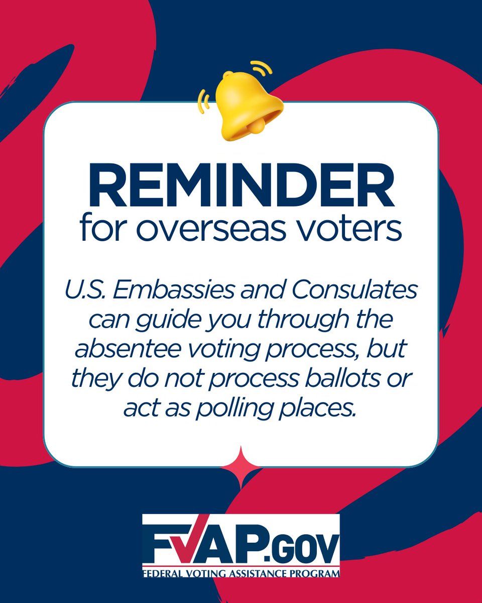 FVAP's tweet photo. U.S. Embassies and Consulates can guide you through the absentee voting process &amp; accept completed &amp; addressed ballots for mailing. Be sure the ballot   package has U.S. postage or a prepaid marking and get it to them as early as you can. #FVAP #VotingTips #UOCAVA https://t.co/bVIjlfrfPf
