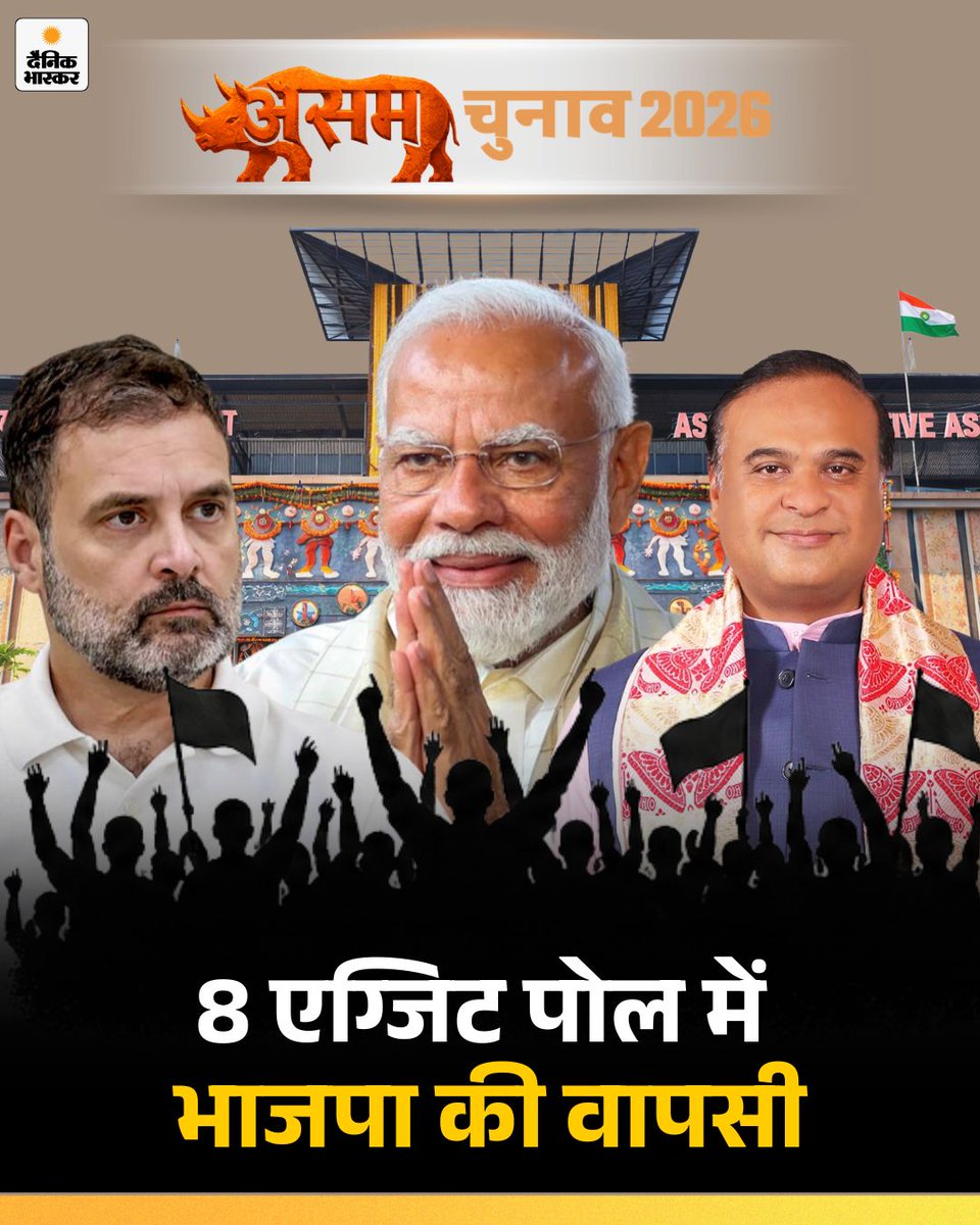 DainikBhaskar's tweet image. #ExitPoll: असम के 8 एग्जिट पोल में भाजपा की वापसी, NDA को 88-100 सीटें, कांग्रेस को 24-36 सीटों का अनुमान

dainik.bhaskar.com/yFyzCoevJ2b

#Voting #AssemblyElections2026 #ElectionWithBhaskar #WestBengalElection #TMCvsBJP #AssamExitPoll #ExitPoll #AssamElection #HimantaBiswaSarma #PMModi