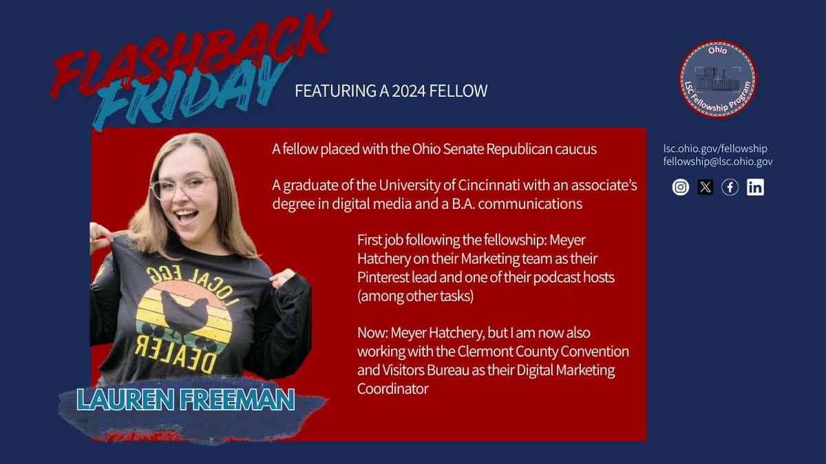 OLSCFellowship's tweet photo. It's #FlashbackFriday! Catch up with 2024 Fellow, Lauren, on our Instagram. @OhioSenateGOP 
#lscfellowship #stategovernment #publicservice #ohio https://t.co/KtN7jtx4PR