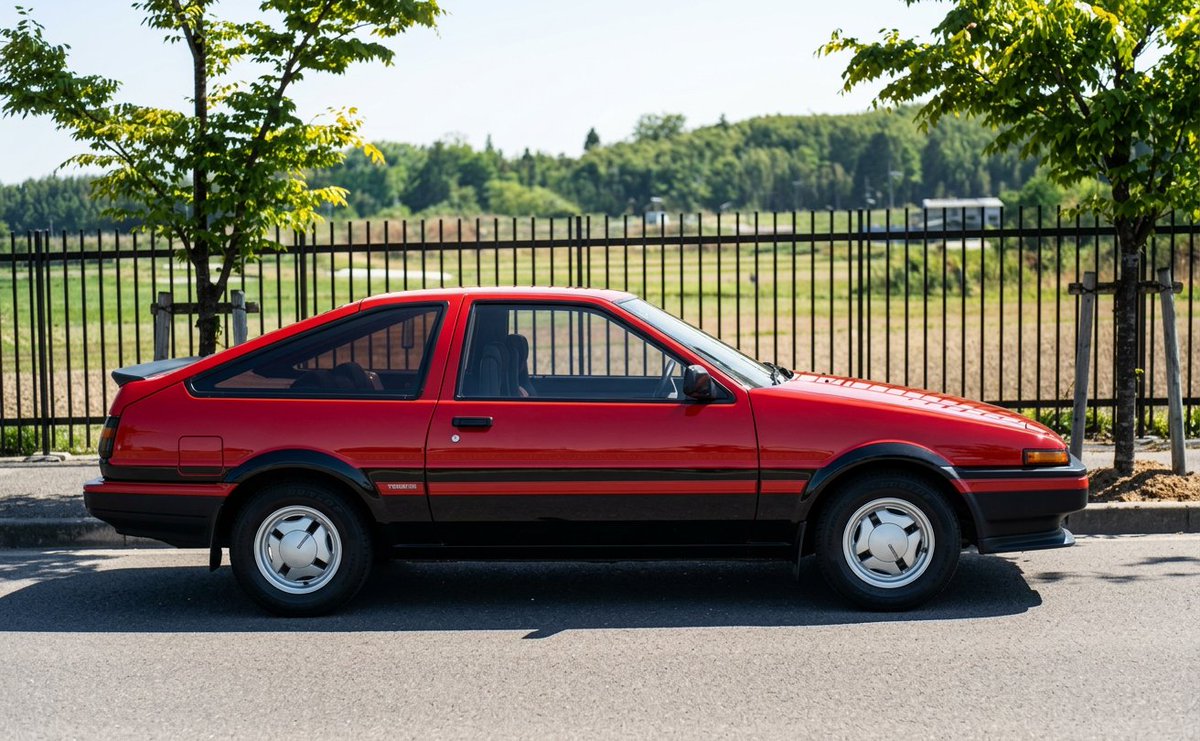 truego2's tweet photo. #昭和の日なので昭和の車を貼る
#ハチロク
#AE86
#スプリンター
#トレノ

昭和62年に納車された時の写真
(当時のプリントをAIで精細化) https://t.co/rWANOvqaJg