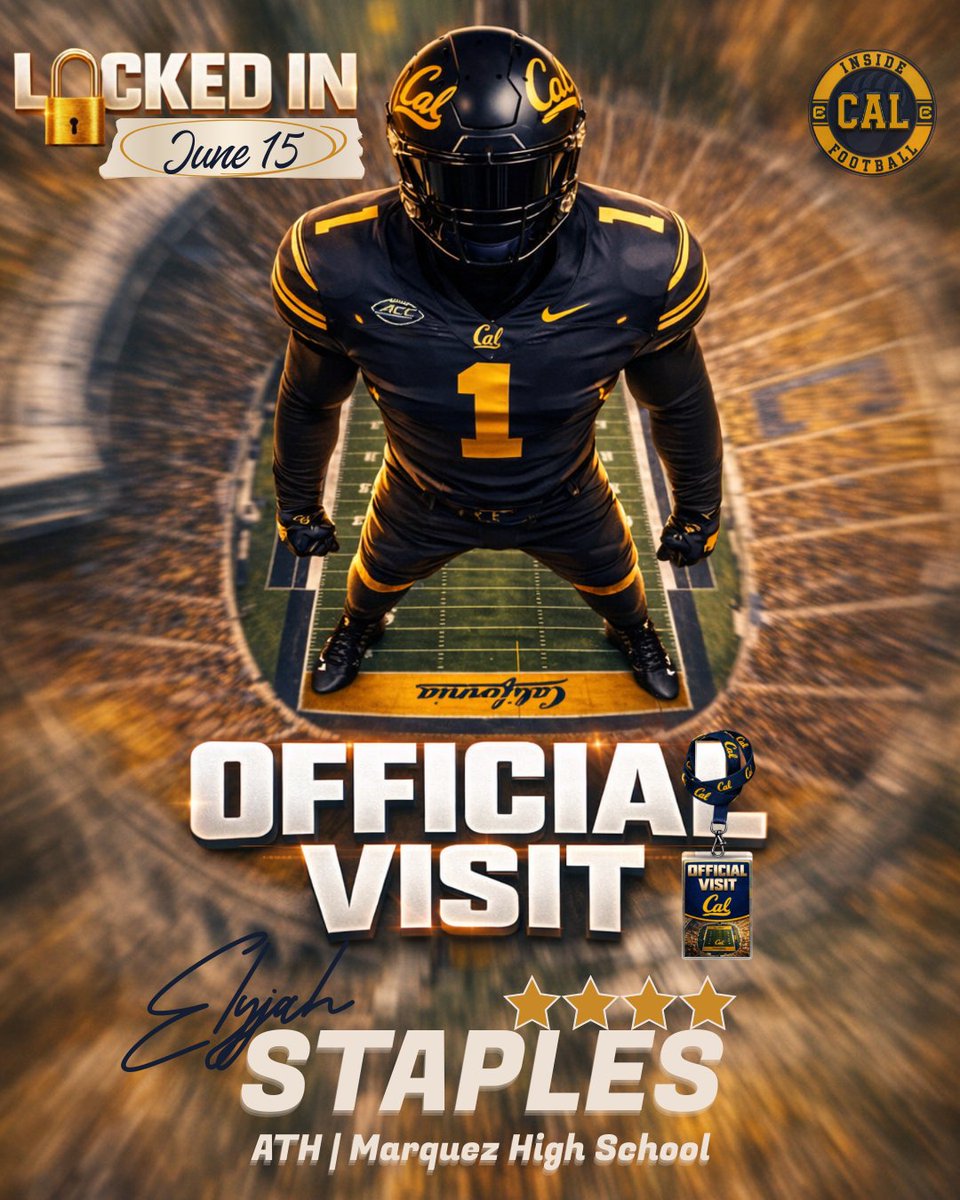 InsideCalFB's tweet image. 📣 Recruiting Update 🐻

2027 ATH Elyjah Staples has locked in his Official Visit to Cal for June 15.
The Bears will get the final shot - a prime position to make their case as Staples closes in on a decision.
Big weekend ahead in Berkeley.

@StaplesElyjah #GoBears #CalFootball