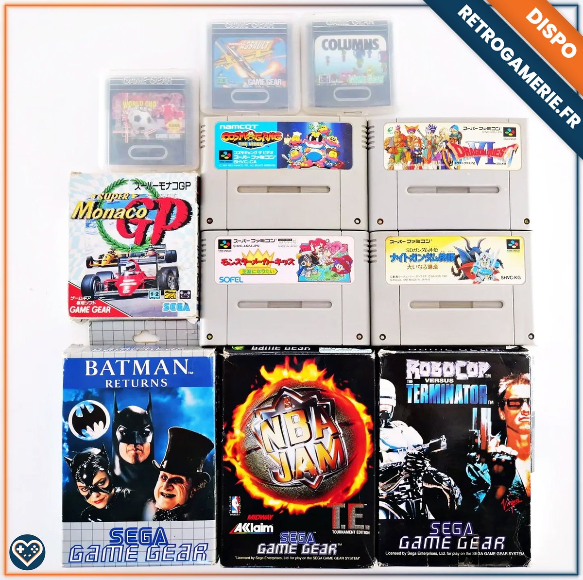 Retrogamerie's tweet image. 🆕 Nouvel arrivage #retrogaming !

#GameGear
- Robocop versus the Terminator
- Batman Returns
- NBA Jam Tournament Edition
- Super Monaco GP
- Aerial Assault
- Sonic the Hedgehog
- Tengen World Cup Soccer
- Columns

#SuperFamicom
- Monster Maker Kids: Ousama ni Naritai
- Cosmo