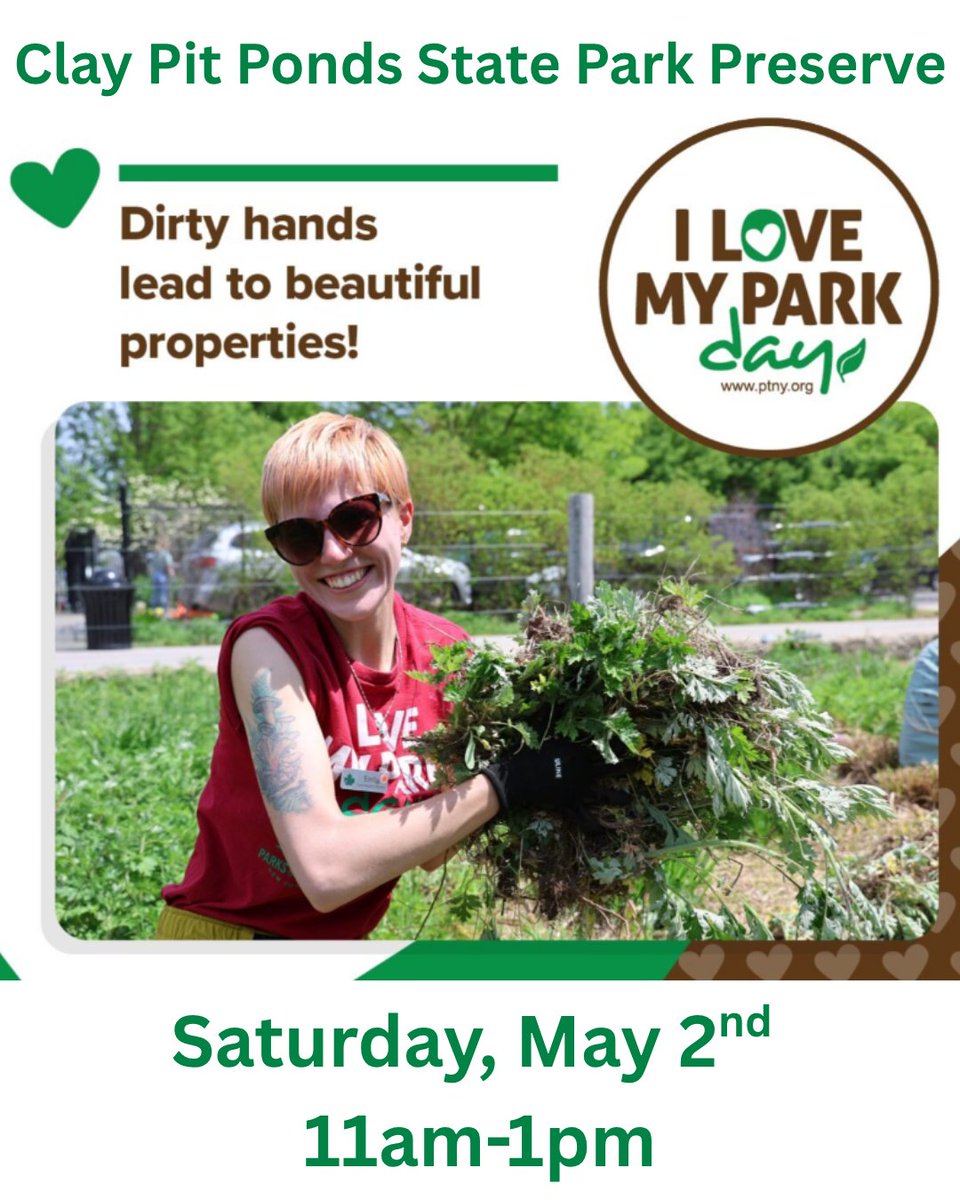senatorlanza's tweet image. I Love My Park Day this Saturday, May 2nd from 11am-1pm. Join us to help keep our state park clean &amp;amp; beautiful. Nature Interpretive Center: 2351 Veterans Road West. For more info: ptny.org/events/i-love-… or ClayPitPonds.Eventbrite.Com. 
#ILoveNY #GetOutdoors  #ClayPitPondsStatePark