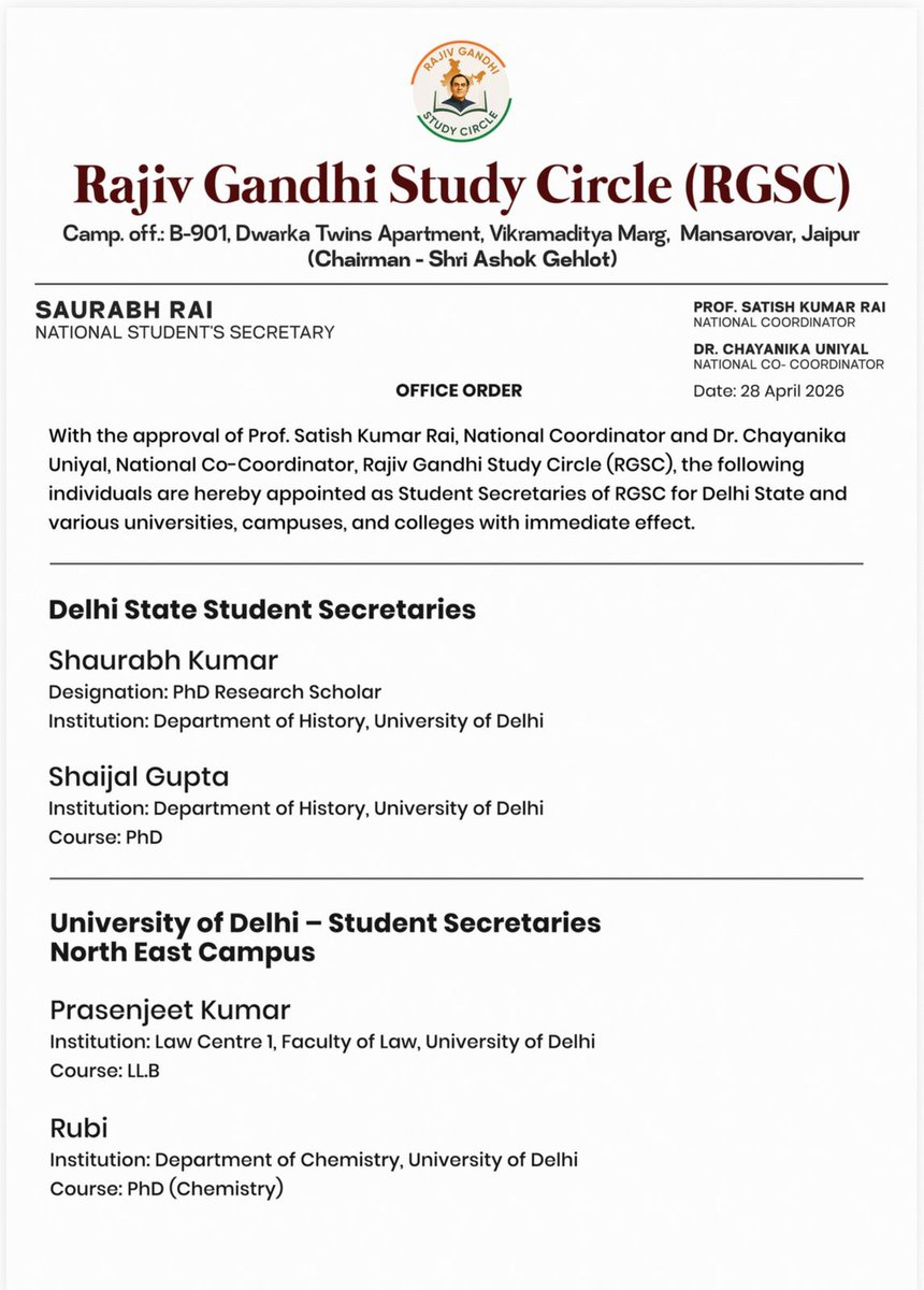 RGSCIndia's tweet photo. Heartiest congratulations to the newly appointed Student Secretaries of Delhi RGSC Students Team.
Your leadership will play a key role in strengthening youth participation, academic engagement, and the larger vision of an inclusive and progressive India.
#RGSC #YouthInAction https://t.co/nLX47YAyeN