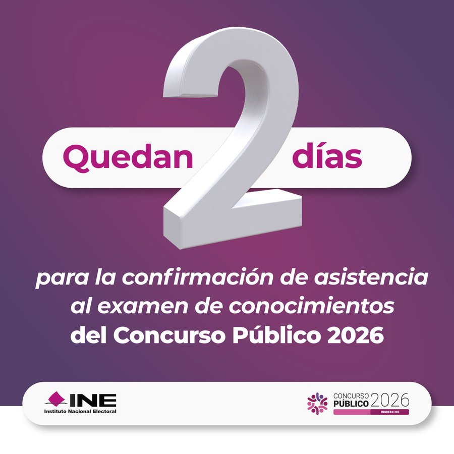 🕒 ¡Estamos a nada del cierre! Confirma tu asistencia al examen de conocimientos del #ConcursoPúblico2026.
Garantiza la legalidad de tu proceso e intégrate al #INE. La certeza de tu participación depende de este paso.
📍 Ubica tu sede y confirma: cartografia.ine.mx/sige8/ubicatuj…
#SPEN
