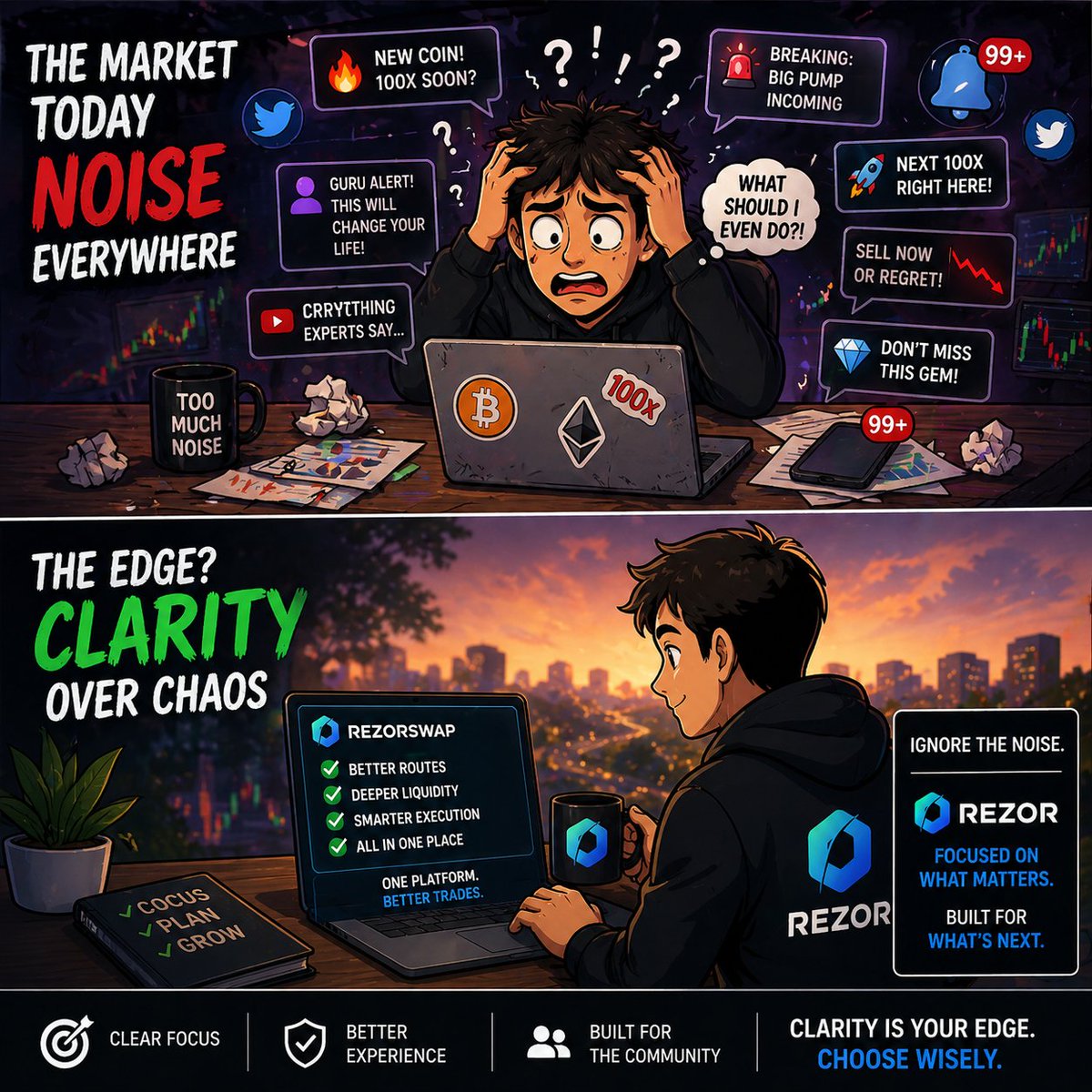 RelaxCrypto21's tweet photo. There is a lot of noise in crypto right now.

New trends every day.
New opinions every hour.
But not everything deserves your attention.

The real edge comes from knowing what to ignore.

ReZor is focused on simplifying what matters, not adding more noise. 🚀

Clarity wins over chaos.
#ReZor #RZR #CryptoMarket #StayFocused #Web3 #CryptoMindset #SmartMoves