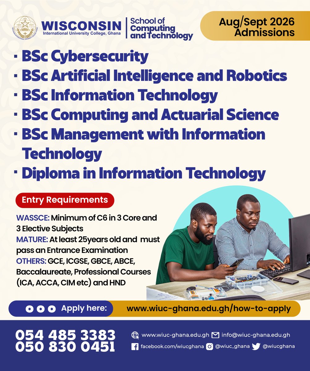 WIUCGHANA's tweet image. The School of Computing and Technology is pleased to inform the general public and prospective applicants that admissions are open for the August/September 2026 intake.

Apply here: wiuc-ghana.edu.gh/how-to-apply

#wiucghana #technology #informationtechnology  #admission2026_27
