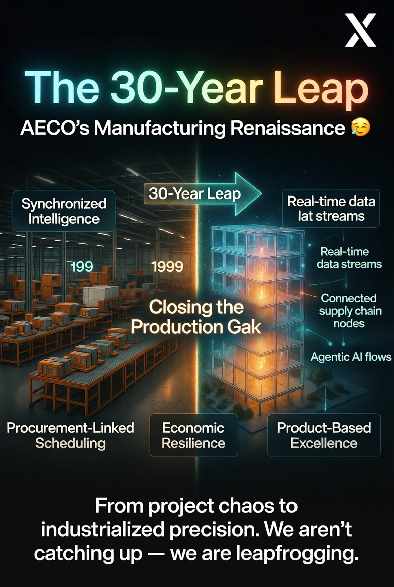 AECOdigital's tweet photo. The 30-Year Leap: AECO’s Manufacturing Renaissance 

The supply chain visibility challenge in modular & prefab isn’t a roadblock—it’s our greatest launchpad.

Manufacturing solved this in the 1990s. Now, we have the privilege of solving it with 2026’s exponential technology. This is the moment we finally close the Production Gap for good.

The Vision for the 22nd-Century Engineer:

Synchronized Intelligence: Moving beyond basic tracking to real-time, Procurement-Linked Scheduling—where factory, supply chain, and site operations move in perfect agentic harmony.

Economic Resilience: Turning material volatility and tariffs into manageable variables through full transparency and predictive control.

Product-Based Excellence: Shifting from chaotic project-by-project delivery to industrialized, repeatable precision.

We aren’t just catching up. We are leapfrogging.

The next decade will belong to the transparent, the modular, and the operationally certain. The future is bright. Let’s build it. 🚀

#AECO #ModularConstruction #AEC #Prefab #SupplyChain #DigitalTransformation #FutureOfEngineering